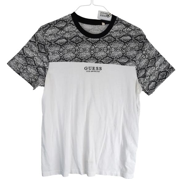 Guess Men's L T-Shirt Black White Snakeskin Print Embroidered Logo Short Slv Y2K - Picture 1 of 10